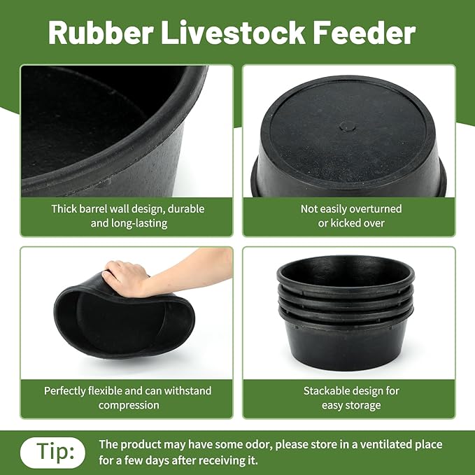 2Pcs Rubber Feed Pan, 1 Gallon Horse Feed Bucket Utility Feed Bucket, 10.6 x 4.1Inches Rubber Bowl Chicken Dust Bath Livestock Water Bowl for Pig Goat Chicken Dogs Farm Small Animal