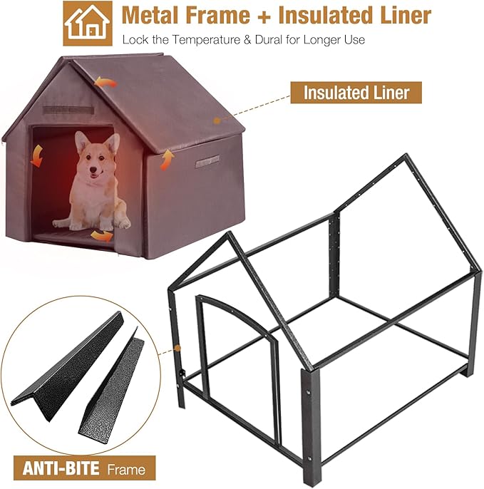 Dog House Outdoor with Insulated Liner, Winter Dog Kennel for Small Mediun Dogs with Anti-Biting Metal Iron Frame, Heated Dog House 100% Insulated