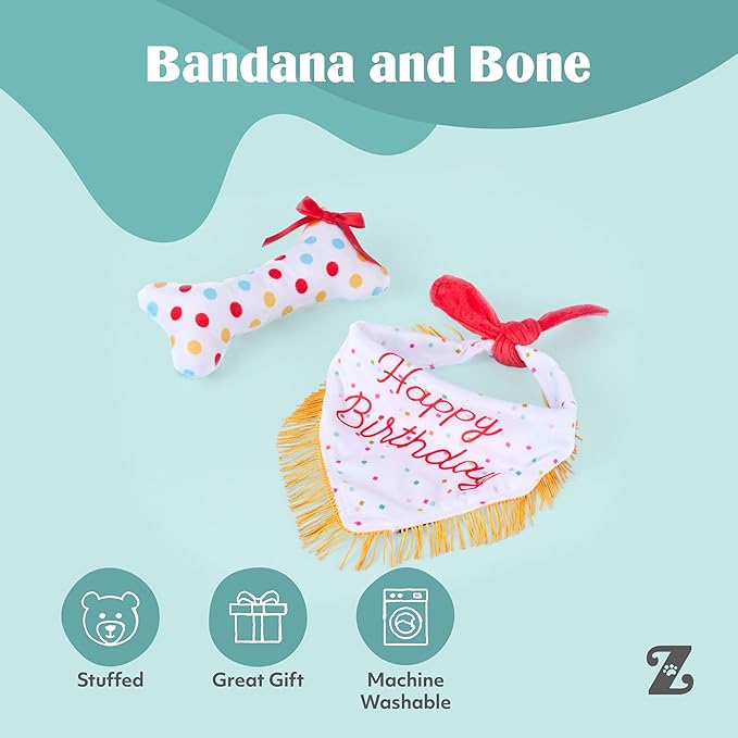 ZippyPaws Dog Birthday Gift Bandana & Bone - Cute Accessories for Girl & Boy Dogs, Holiday Set, Fits Small, Medium, & Large Dogs, Stuffed Plush Toy, Machine Washable Handkerchief - One Size Fits Most