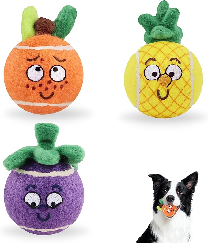 Gigwi Squeaky Tennis Balls for Dogs, Interactive Dog Balls with Colorful Fruit Plush Cover, Pet Bounce Toy 2.5" for Medium Dog Indoor & Outdoor Fetch Play, 3-Pack