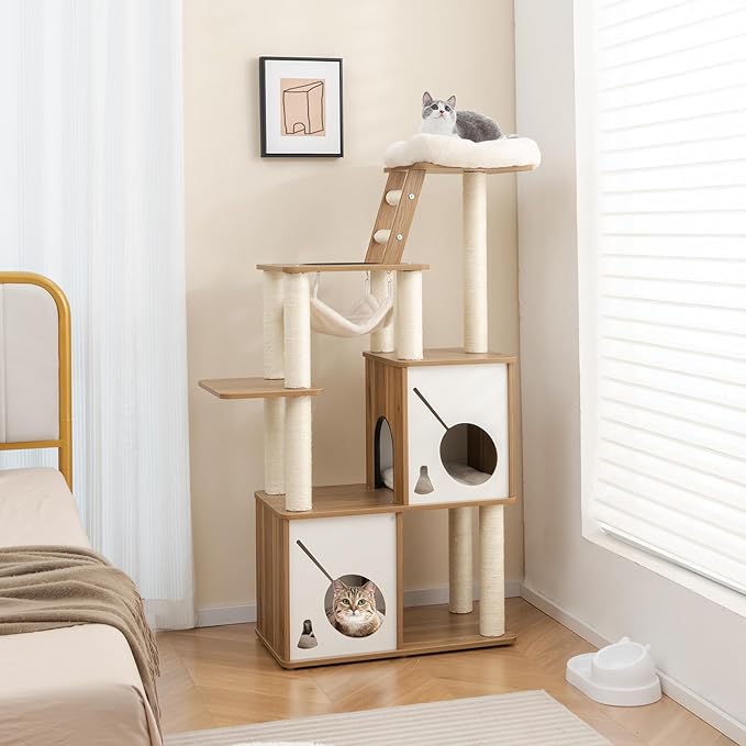 Tangkula Modern Cat Tree, 57 Inch Wood Cat Tower with Sisal Scratching Posts, Padded Top Perch, 2 Cat Condos, Hanging Hammock & Climbing Ladder, Multi-Layer Large Cat Tree Tower for Indoor Cats