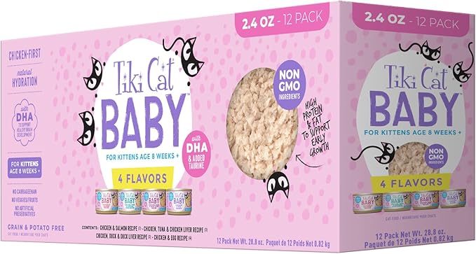 Tiki Cat Baby Wet Cat Food for Kittens, Shreds Variety Pack 2.4 oz. Cans (12 Count)