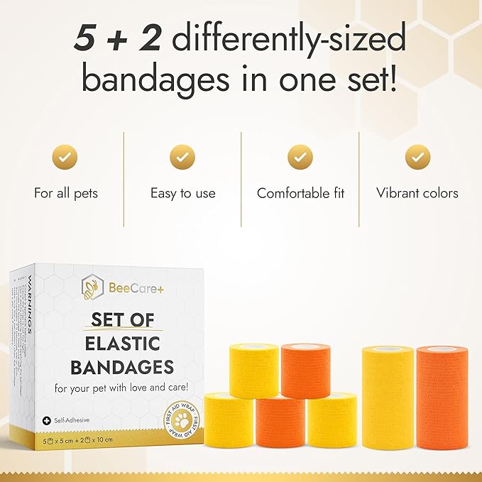Self-Adhesive Elastic Dog Bandages for Wounds Protect from Licking, Dirt and Scratching – Set of Wraps from Natural Rubber Latex – Dog Bandage for Large & Small Pets – 5 х 5 cm + 2 х 10 cm Rolls