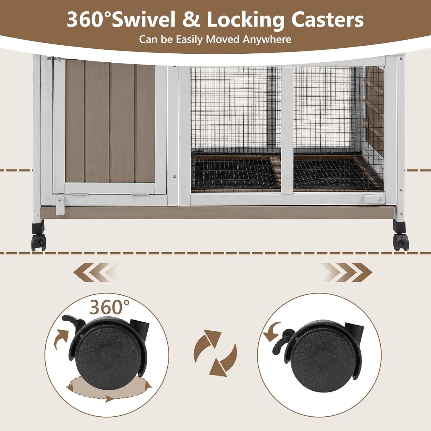 38''L Rabbit Hutch Outdoor Indoor with Wheels, Wooden Expandable 2 Story Bunny House Rabbit Cage with Run, Waterproof Roof, Pull Out Tray, Guinea Pig Cage Chicken Coop for Small to Medium Pets