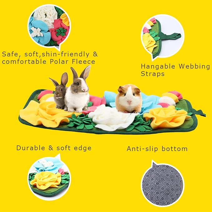Rabbit Foraging Mat, Rabbit Toy 11.8"x11.8" Rabbits Snuffle Mat Machine Washable Polar Fleece Funny Interactive Nosework Feeding Mat Treat Dispenser for Bunny Guinea Pigs Ferrets Chinchillas (Blue)