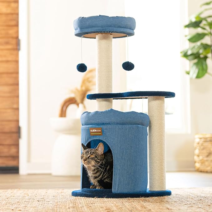 ClevaHome Stylish Cat Tree for for Small Spaces, Kittens, Ultra-Soft Fabric Condo & Cozy Perch, Durable Sisal Scratching Post, and Interactive Hanging Pompom