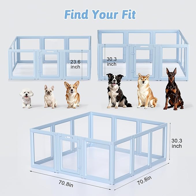 DIY Clear Acrylic Dog Playpen House,Quick Easy Assembly and Disassembly,Strong Floor Suction,Indoor and Outdoor Use,Easy Cleansing Puppy Fence (Sky Blue, 30.3" H, 12PCS)