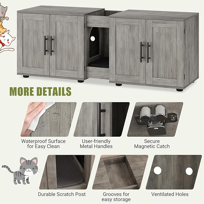 Cat Litter Box Enclosure for 2 Cats,55" Large Hidden Litter Box Furniture with Barn Door & Double Rooms,Modern Indoor Pet House TV Stand Side Table,Cats Washroom,for Bedroom Living Room,Grey