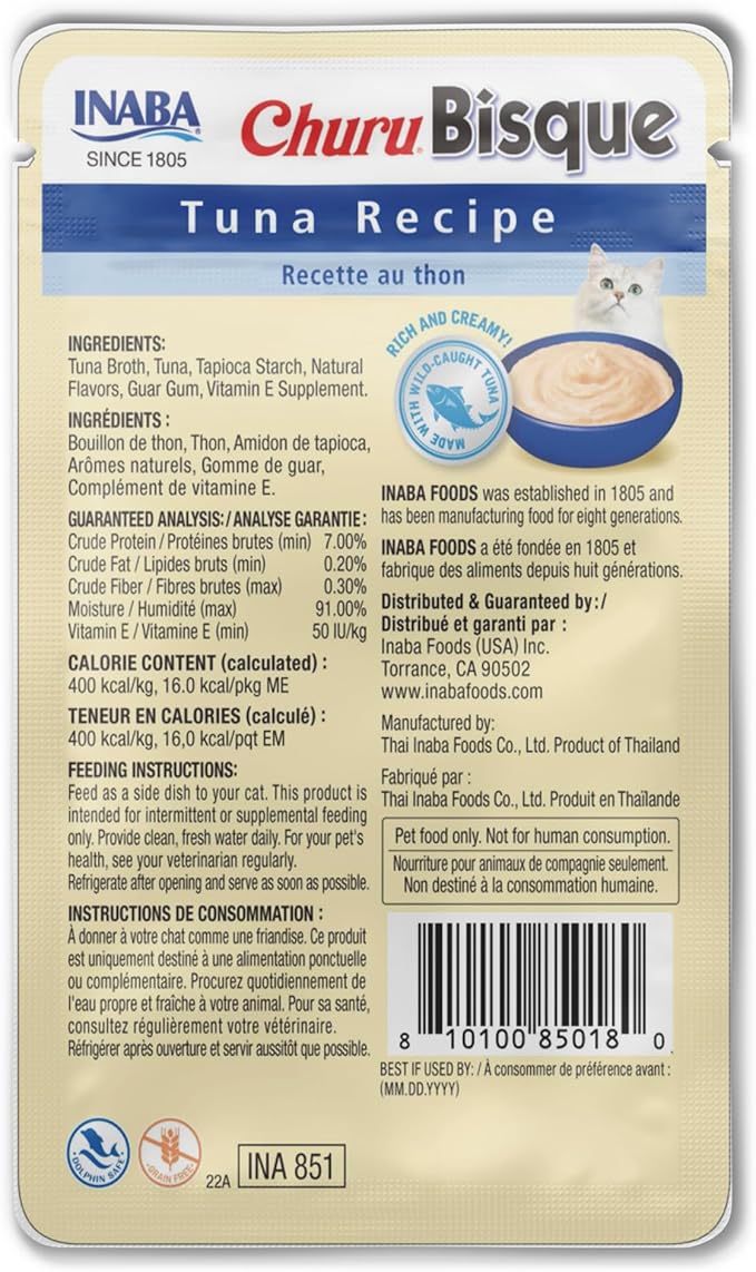 INABA Churu Bisque for Cats, Creamy Lickable Purée Side Dish with Vitamin E, 1.4 Ounces per Pouch, 24 Pouches, Tuna Recipe