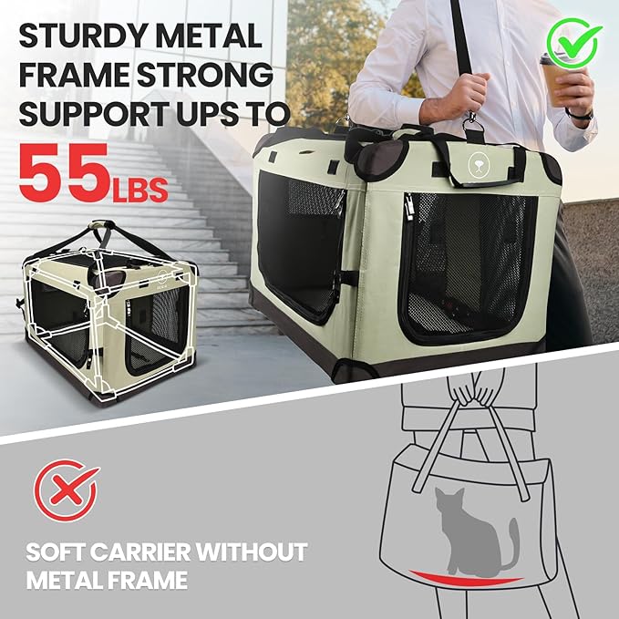 PEGIC Large Cat Carrier for Car Travel, Soft Sided Collapsible Pet Carrier for Outdoor and Indoor Uses, Roomy Extra Large Carrier for 2 Kittens, Large Cat or Puppies up to 50lbs, Brown