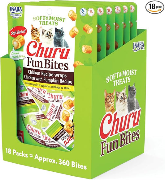 INABA Churu Fun Bites for Cats, Soft & Chewy Cat Treats with Taurine, 0.42 Ounces Each Tetra, 18 Tetras (3 per Bag), Chicken with Pumpkin Recipe