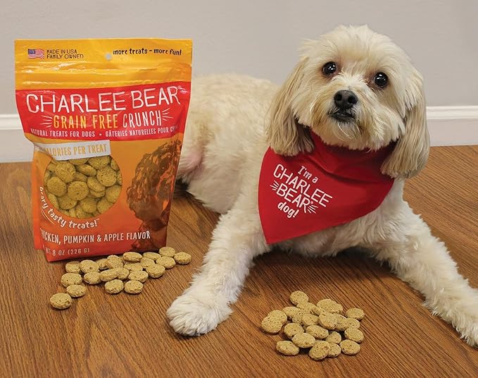 Charlee Bear Crunchy Dog Training Treats, Low Calorie (3 Kcal), Grain Free Natural Mini Treats for Puppies, Small, Medium & Large Dogs, USA Made, Healthy Chicken, Pumpkin & Apple Flavor 8oz (3-Pack)