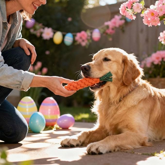 3pcs Easter Carrot Dog Toys Set, Includes Rope, Rubber, Plush Dog Chew Toys for Dogs, Cats, and Pets, for Training and Interactive