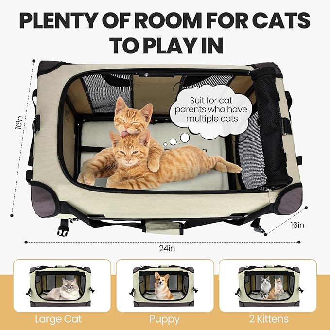 PEGIC Large Cat Carrier for Car Travel, Soft Sided Collapsible Pet Carrier for Outdoor and Indoor Uses, Roomy Extra Large Carrier for 2 Kittens, Large Cat or Puppies up to 50lbs, Brown