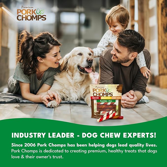 Pork Chomps Baked Pork Skin Dog Chews, 6 Inch Twists, 12 Count - Assorted Flavors - Long-Lasting Treats for Dogs - High Protein, Rawhide-Free, Low Fat, Healthy & Delicious Chews