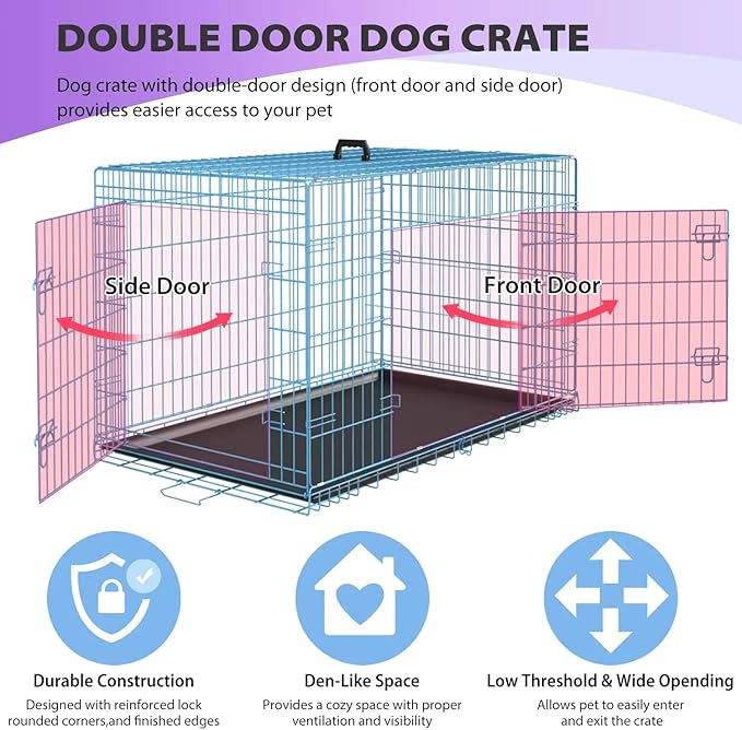 Extra Large Portable Dog Crate - Double-Door Folding Metal Wire Kennel with Removable Tray - Ideal for Medium Sized Dogs, Small Dogs & Travel (Blue, 30")