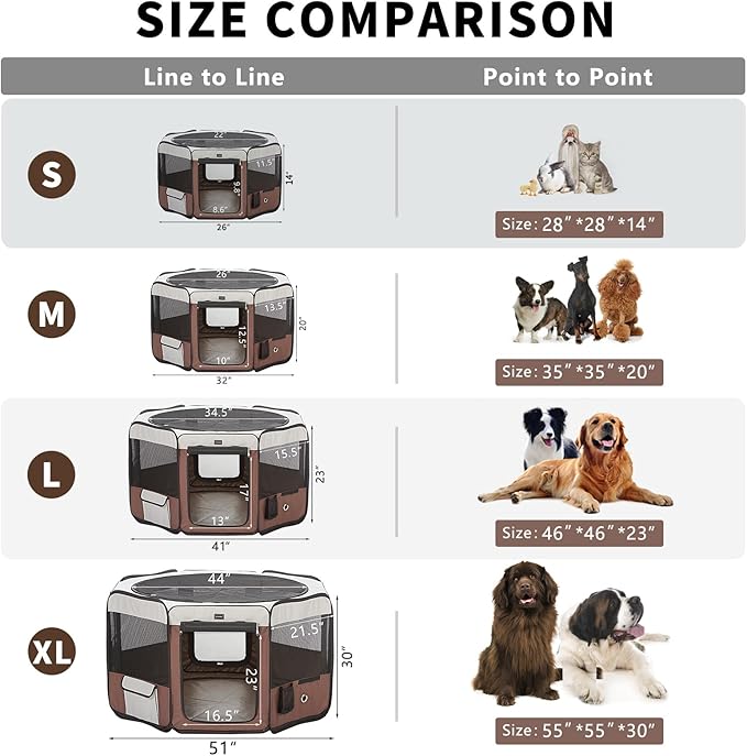 DONORO Dog Playpen 46" Portable Pet Play Pens for Small Medium Dogs, Foldable Exercise Kennel Tent Crate Indoor/Outdoor Travel Camping, Removable Top/Bottom (Brown, Large (46"x46"x23"), 8)