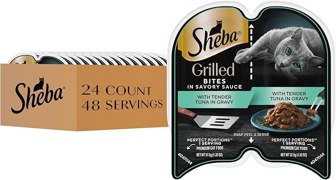Sheba Perfect Portions Grilled in Savory Sauce Adult Wet Cat Food with Tender Tuna in Gravy, 2.64 oz. Twin-Pack Trays, 24 Count, 48 Servings