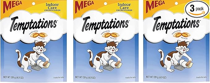Temptation Indoor Care ,Mega (3 Pack ) Chicken Flavor Cat Treats 4.9 Oz Indoor Care 4.9 Ounce (Pack of 3)