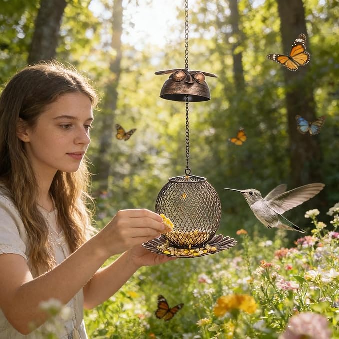 Wild Bird Feeders | Cute Metal Vintage Owl-Shaped Large Capacity Bird Feeder, Squirrel-Proof Design for Finch, Bluebird, Sparrow, and Other Birds, Yard, Deck, Porch, Garden Birding