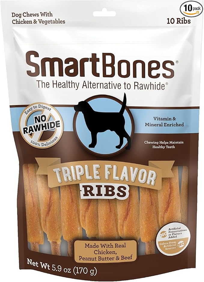 SmartBones No Artificial Colors or Preservatives Rib and Wing Chews, Treat Your Dog to a Fun Shapped Triple Flavor Chew 10 Count (Pack of 1)