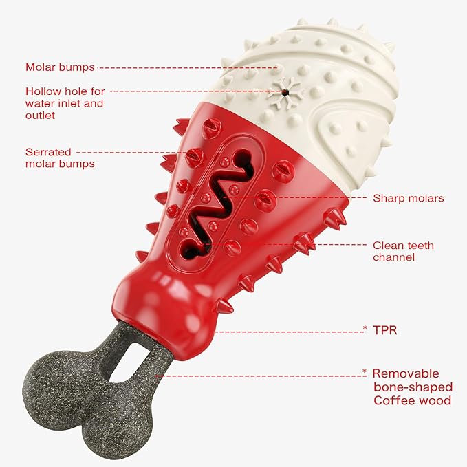 Natural Coffee Wood Dog Toy - Cooling Freezable TPR Teething Chew & Treat Dispensing Enrichment Toy - Sustainable for Small Medium Large Breeds (Red)