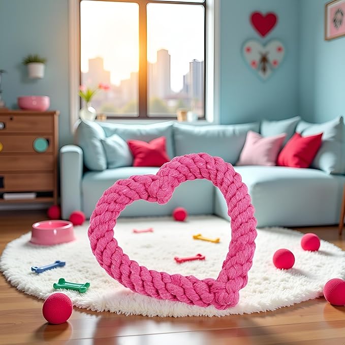 Jinshining Pink Cute Dog/Cat Chew Toys, Dog Toys for Chewers, Heavy Duty Dental Rope Toy for Dogs, Creative Love Heart Shaped Interactive Rope Dog Toys, Cotton Puppy Teething Chew Tug Toy Dark