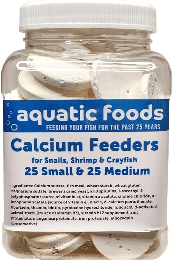 Calcium Enriched Sinking Food Disks for Shrimp, Snails, Crabs, Crayfish, Hermit Crabs, Plecos, Catfish, Bottom Fish, All Tropical Fish. 25 Small & 25 Medium Discs Jar