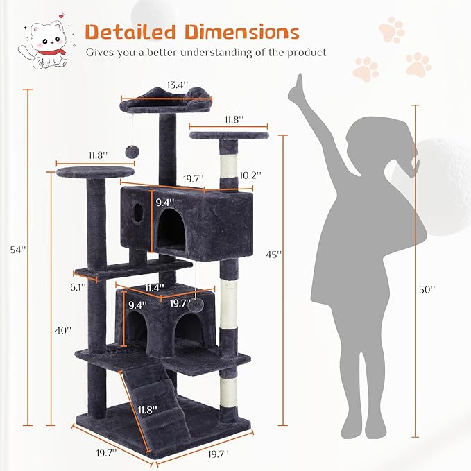 Hexago 54 Inch Cat Tree Tower for Indoor Cats, Dark Blue Multi-Level Cat Condo with Scratching Posts, Climbing Ramp, Plush Beds, and Toy Ball, Stable Cat Furniture Activity Center