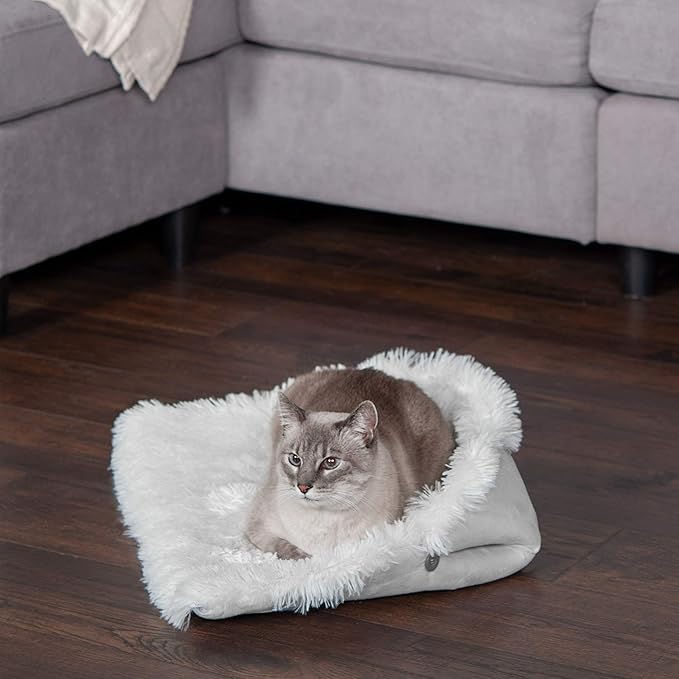 Furhaven Self-Warming Cat Bed for Indoor Cats, 4-Beds-in-1 & Washable - Plush Long Faux Fur Convertible Cuddler - Silver, Small (Pack of 2)