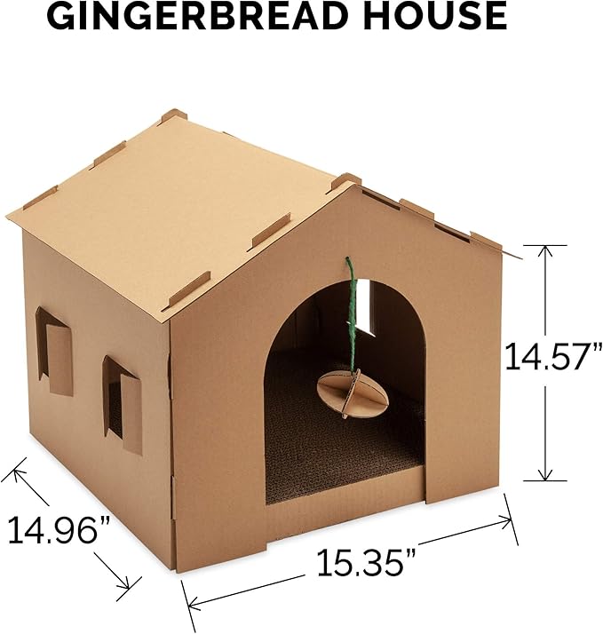 Furhaven Cardboard Cat House Gingerbread House, Cat Hideout Scratcher with Detachable Hanging Toys