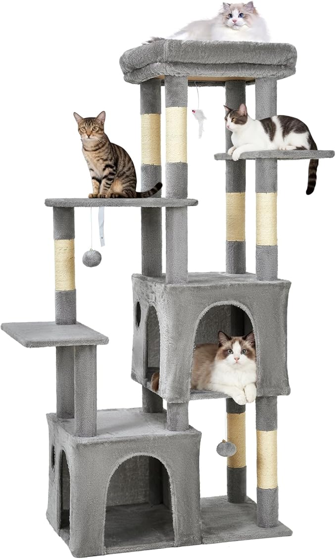 GarveeLife 61" Multi-Level Cat Tree for Indoor Cats, Heavy-Duty Tower for Large Adult & Maine Coon Cats with Oversized Perch, Dual Condos, Natural Sisal Scratching Posts & Play Toys – Light Gray