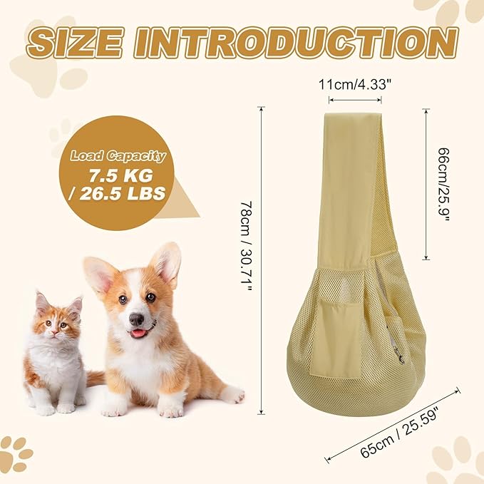 Dog Sling Carrier for Small Dogs and Cats Up to 16.5 Lbs, Breathable Thick Shoulder Strap Pet Crossbody Shoulder Bag, (Khaki, 1 Pcs) Intended for Outdoor/Camp/Travel