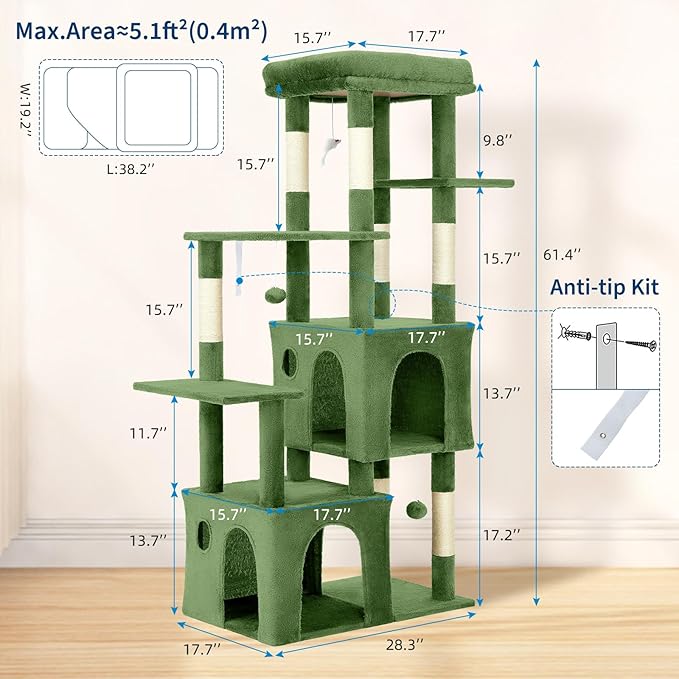 61.4 Inch Cat Tree, Large Cat Tower with Sisal Scratching Posts, 2 Spacious Cat Beds, Hanging Ball & Top Perch, Ideal for Large Indoor Adult Cats, Green