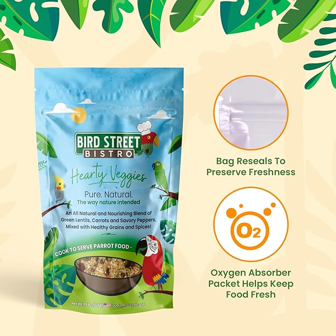 Bird Street Bistro Parrot Food - Parakeet Food - Cockatiel Food - Bird Food - Cooks in 3-15 min with Natural Grains - Legumes - Non-GMO Fruits, Vegetables, & Health Orientated Spices