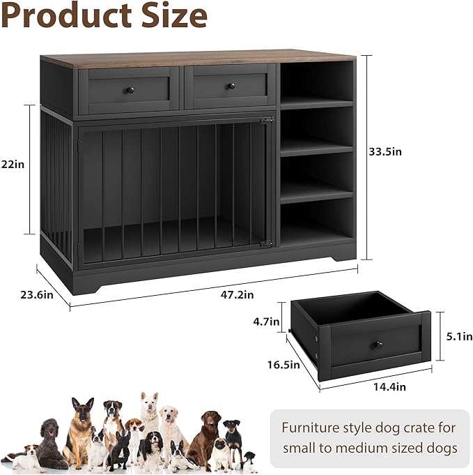 GarveeHome Dog Crate Furniture 47", Large Dog Crate TV Stand with 2 Drawers and 4 Shelves, Wooden Dog Kennel Indoor, Decorative Dog Cage with Storage for Large Dogs, Black
