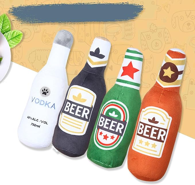 Squeak Dog Toy Soft Plush- Chew Beer-Bottle Shape Squeeze with Squeaker for Medium & Small Dog, 24*7cm