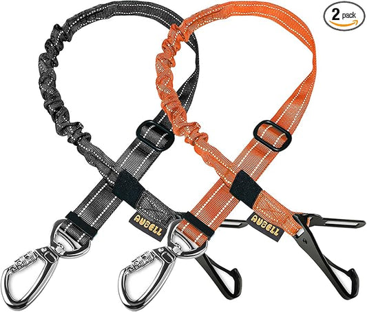 AUBELL Dog Seat Belt for Car,2 Pack Set 3-in-1 Adjustable Reflective Bungee Heavy Duty Dog Car Harness Tether with Clip Hook Latch & Buckle,Swivel Zinc Alloy Carabiner,Black+Orange