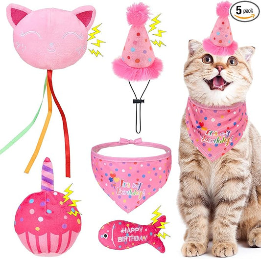 BINGPET Cat Birthday Catnip Toys for Indoor Cats, 5 Pcs Cat Birthday Gift Kitten Interactive Toys for Boy Girl Cats, Soft Plush Catmint Kitty Chew Kick Toy, Hat, Bandana, Balloon, Cake, Fish, Pink