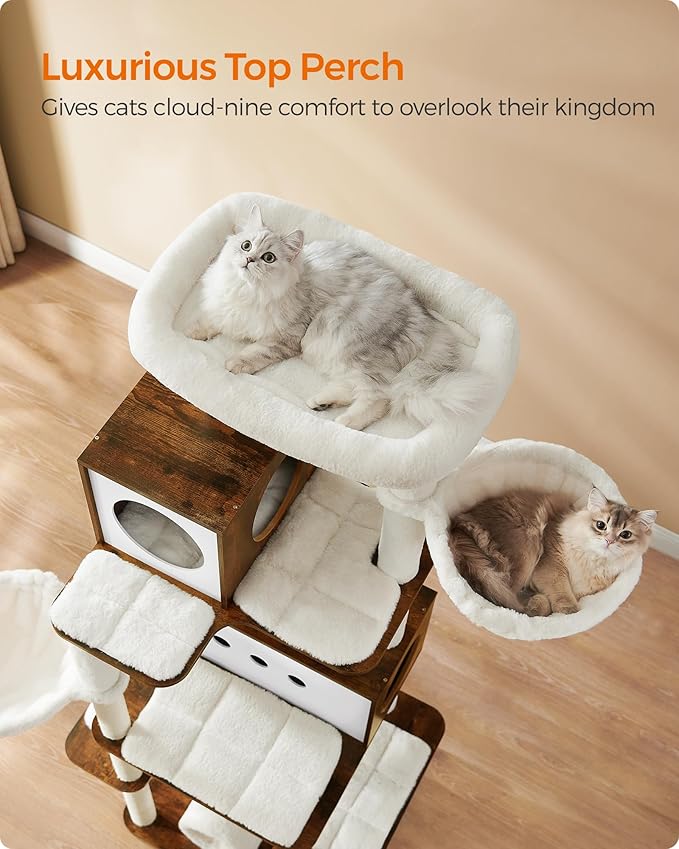 Feandrea Cat Tree, 75.6-Inch Modern Cat Tower, Tall Multi-Level Condo with 2 Caves, 2 Hammocks, 4 Scratching Posts, Self-Groomer, Tunnel, Perch, Rustic Brown UPCT193X01