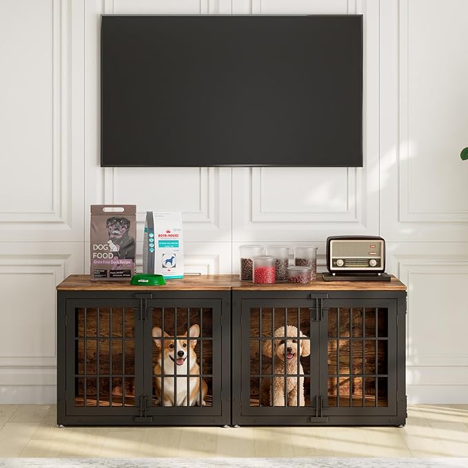 33" Heavy Duty Dog Crate Furniture, Wooden Dog Cage Kennel for Small and Medium Dogs, Dog Kennel Indoor with Side Door, Decorative Pet House End Table, Brown