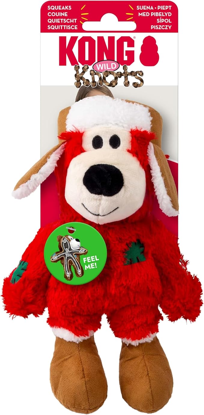 KONG Christmas Holiday Wild Knots Bear Dog Toy – Durable Rope Skeleton, Squeaker for Long-Lasting Play, Less Stuffing for Less Mess, Assorted Colors (1 Pack, Small/Medium)
