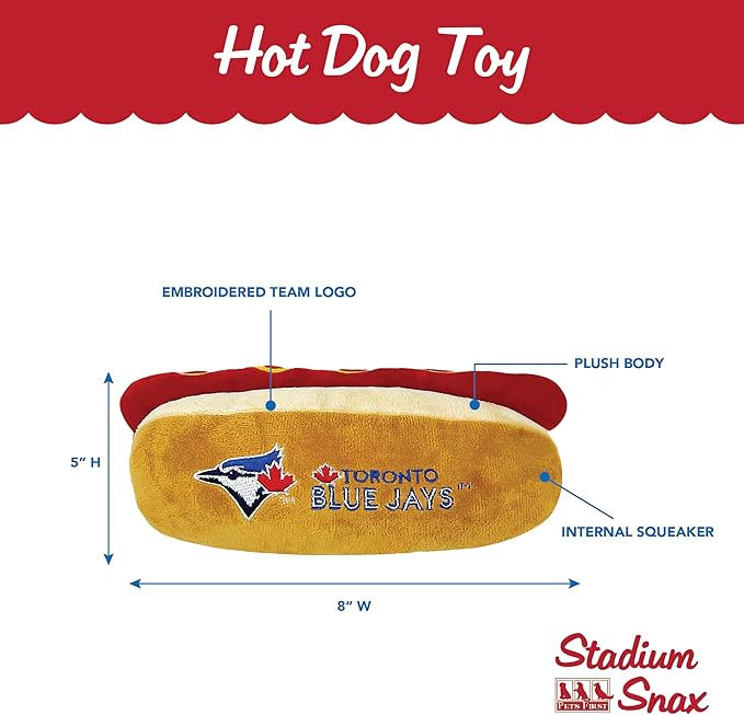 MLB Toronto Blue Jays Plush Dog Toys - Stadium Theme Snacks - Cutest Plush HOT-Dog Toy for Dogs & Cats with Inner Squeaker & Premium Embroidery of Baseball Team Name/Logo