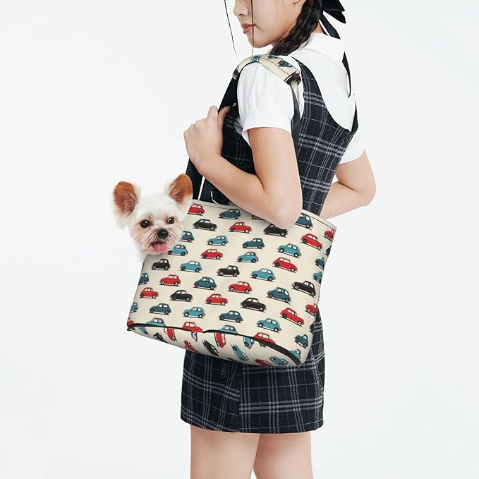 Red and Blue Cars (4) Print Foldable Pet Tote Bag, Shoulder Carrier for Small Dogs and Cats