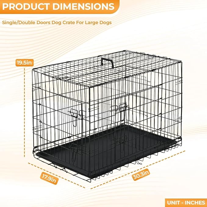 Portable Double-Door Dog Crate - Extra Large Travel Dog Crate for Medium Sized Dogs - Folding Metal Wire Dog Cage with Removable Tray & Divider Panel (Black, 30")
