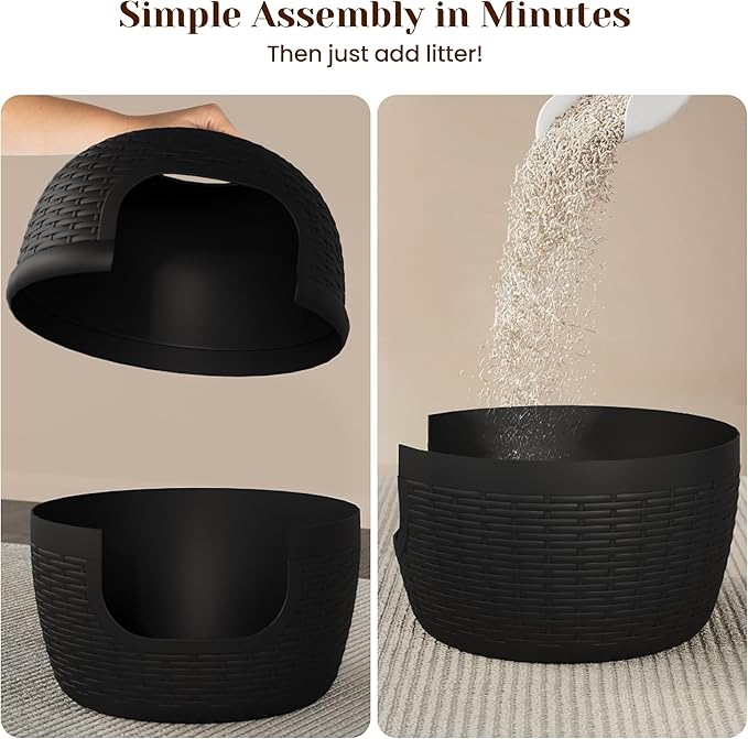FansaFurn Large Cat Litter Box, Hidden Litter Box with Faux Plant, Heavy Duty Litterbox Enclosure Furniture with Rattan Pattern, PP Cat Box Enclosure Furniture for Living Room, Bedroom, Black