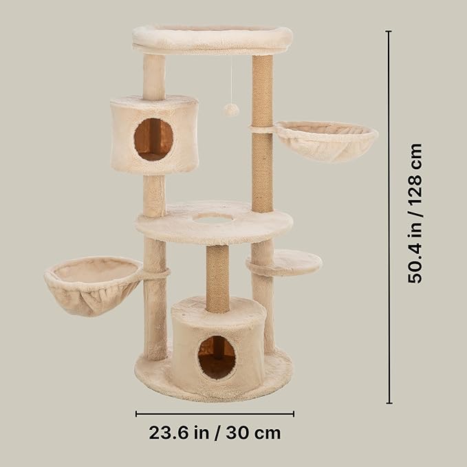 TRIXIE Anna Cat Tree – Cat Tower with Sisal Posts, Dual Hammocks, Caves & Hanging Toy – Indoor Cat Furniture for Scratching & Climbing – Beige, 23.6" x 23.6" x 50.4"