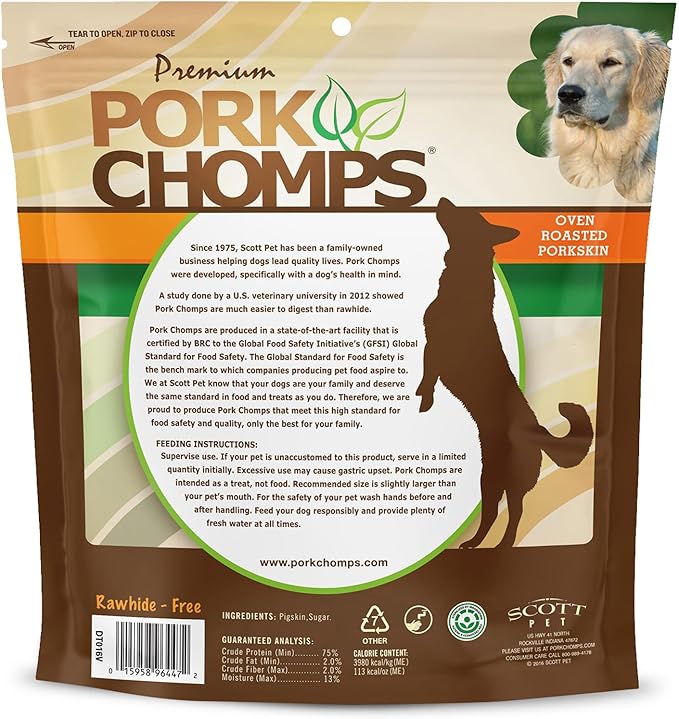 Pork Chomps Roasted Pork Skin Dog Chews, 6 Inch Rib Shapes, 10 Count, Pack of 2 - Long-Lasting Treats for Dogs - High Protein, Rawhide-Free, Low Fat, Healthy & Delicious Chews