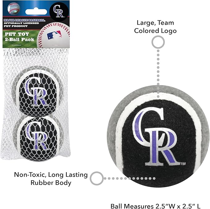 MLB Colorado Rockies TENNIS BALLS for DOGS & CATS - 2 piece set with Team Logo in Vibrant Team Color