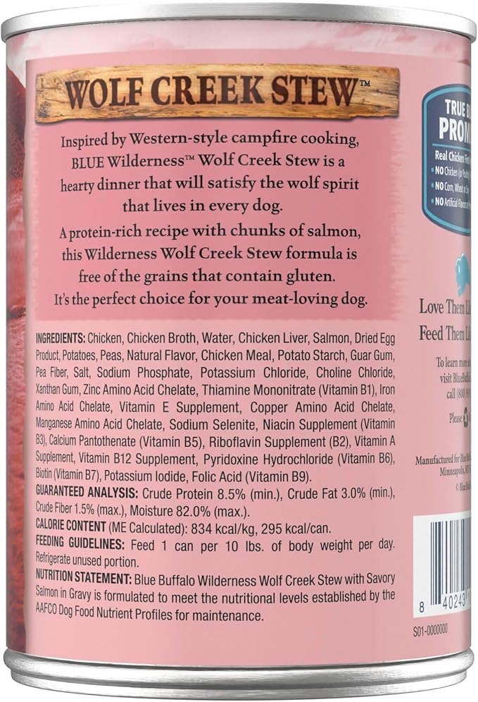 Blue Buffalo Wilderness Wolf Creek Stew High Protein, Natural Wet Food for Dogs, Hearty Salmon Stew in Gravy, 12.5-oz cans, 12 Count